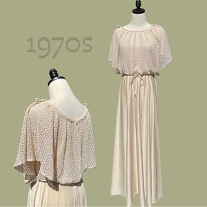 vintage 70s boho crochet bodice champagne maxi dress size small